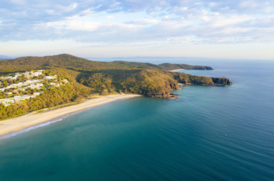 A drone shot of the gorgeous Sunshine Beach in Noosa