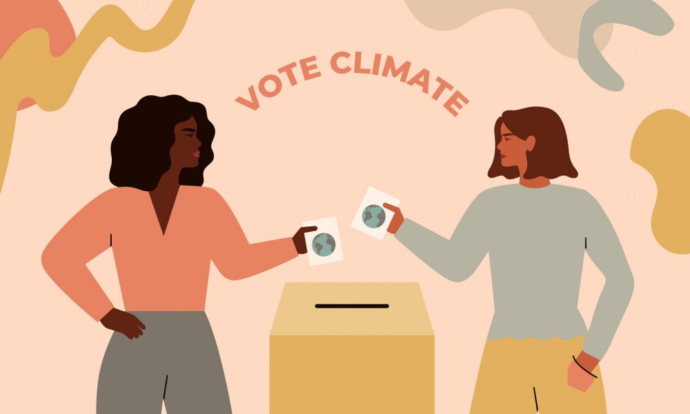 two women vote with ballots in their hands [edit]