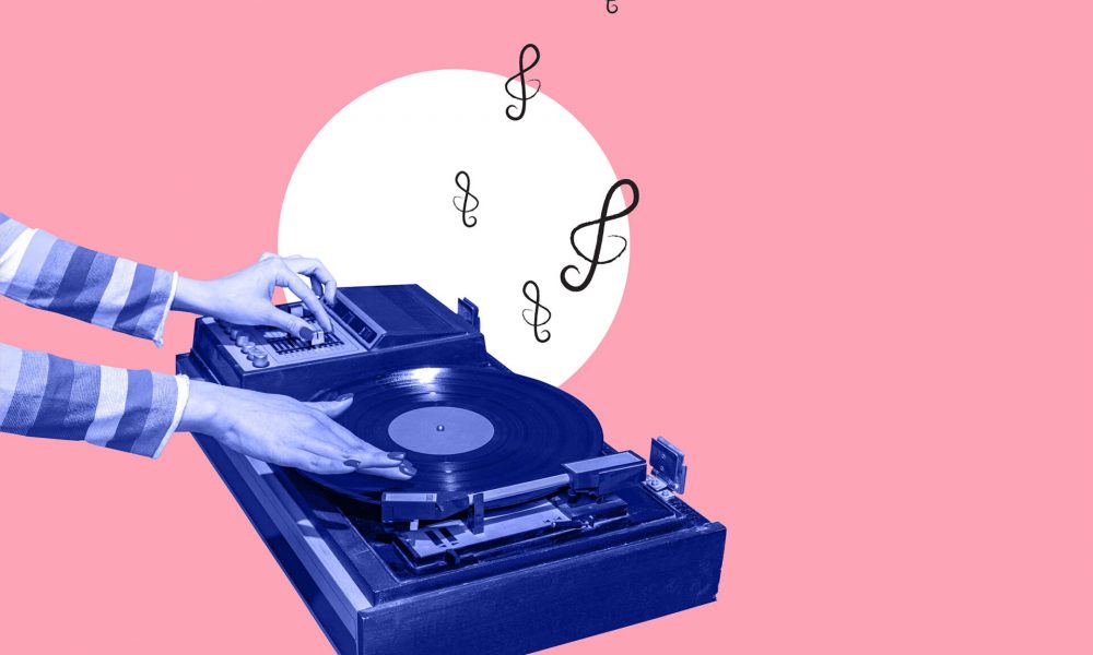 Colorful image of female hands spinning retro vinyl record player like a dj isolated over pink background. Contemporary art collage. Poster graphics. Concept of fashion, music, mix old and modernity